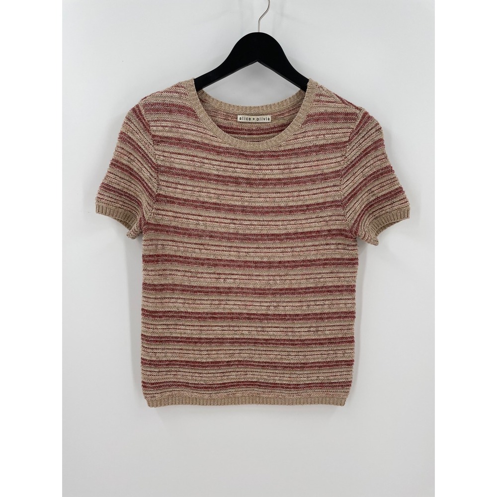 Alice Olivia Metallic Stripe Knit Sweater Short Sleeve Beige Red Womens S